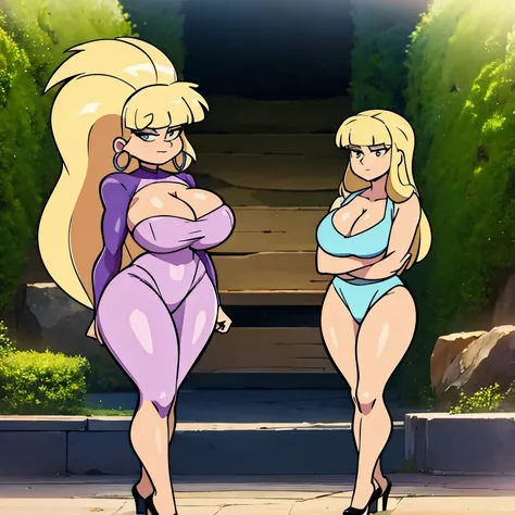 pacifica, massive breasts, ((standing straight)), blonde hair, ((cleavage)), (perfect arms), massive cleavage