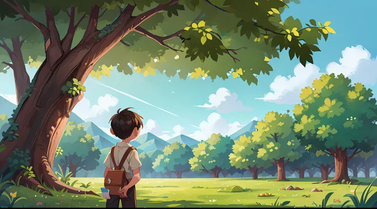 Painting, best quality, masterpiece-quality work, a boy standing alone under a tree, looking up at the sky, forming a contrasting back, surrounded by emerald green date trees.