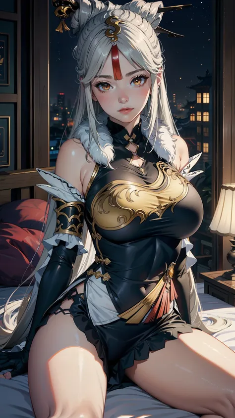 ((masterpiece)),(bestquality),((ultra-detailed)), ((ningguangdef)), huge breast, sexy, (night),looking at viewer, sitting on bed...