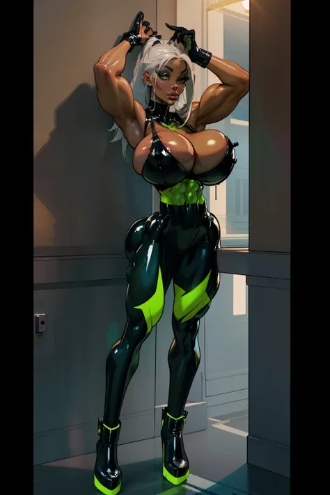  Generate an illustration of a mature Jade Cargill, ((wwe)),  silver hair , (black skin), de terno preto, (black bra:1.3), short hair, hair combed back, (gigantic breasts:1.3), in anime format with a serious style, (neon green unitard), ((warm lighting)), ...