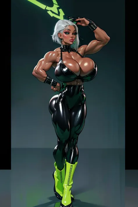  Generate an illustration of a mature Jade Cargill, ((wwe)),  silver hair , (black skin), de terno preto, (black bra:1.3), short hair, hair combed back, (gigantic breasts:1.3), in anime format with a serious style, (neon green unitard), ((warm lighting)), ...