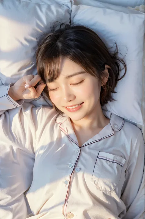 Ulchan-6500-v1.1, (RAW photo:1.2), (Photoreal), beautiful details, (genuine: 1.4), very detailed目と顔, beautiful detailed eyes, ((sleeping lying on his back in bed:1.5)), (( Cotton pajamas:1.3))、huge file size, High resolution, very detailed, highest quality...