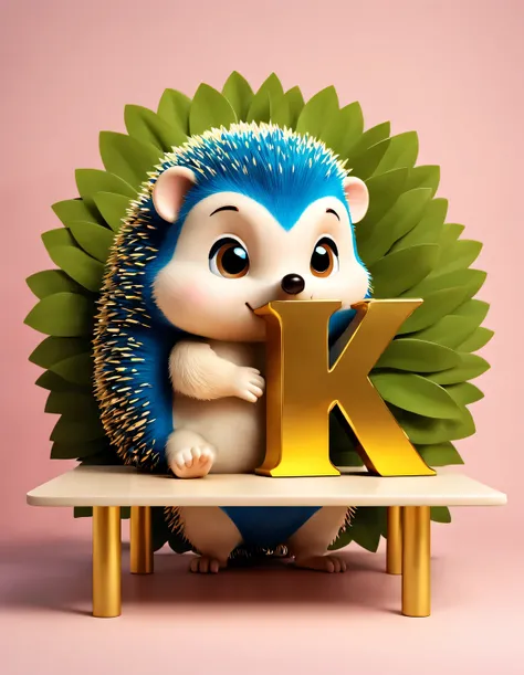 (Kawaii cartoon universe hedgehog bowing to the table), (There is a huge golden letter on the table "1K": 1.2), tilt and move, cartoon, illustration, 3d rendering,