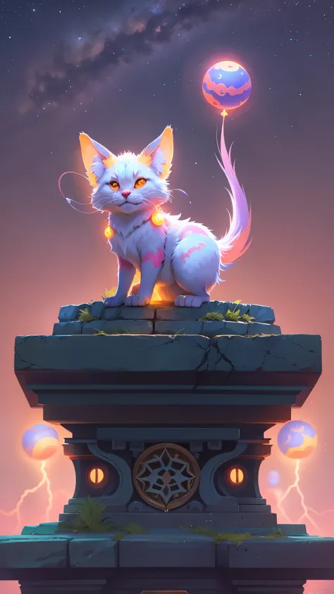 A creature with glowing orange eyes and pink ears stands on a stone pedestal, surrounded by glowing orange orbs. Its arms are outstretched, and it is holding two glowing blue balls. UHD, masterpiece, super detail, best quality, 16k, anatomically correct