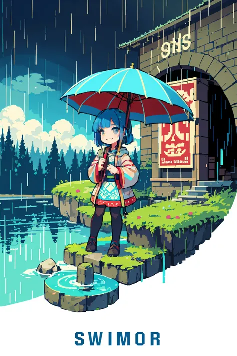 pixel, pixel art, 1girl, short hair, blue hair, body, smile, cozy, poster, fantasy world, rainy