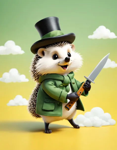 Sketchnote style creative poster design, Minimalist white negative space on yellow background, Cute happy little hedgehog floating on machete, with a big "1.0K" written on white clouds: 1.34 and (thank). Hedgehog wearing top hat，Wearing a green cotton mili...