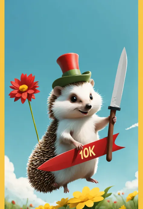 Sketchnote style creative poster design, Minimalist white negative space on yellow background, Cute happy little hedgehog floating on machete (with a big "1.0K" written in heaven: 1.34), Hedgehog wearing top hat，Wearing a red and green cotton military coat...