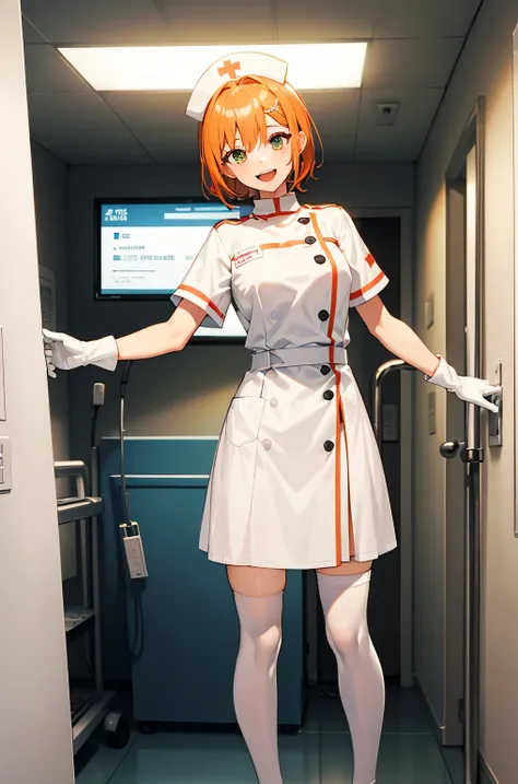 1 girl, alone, nurse, nurse cap, white nurse uniform, ((white legwear, zettai ryouiki)), white gloves, very short hair, orange h...