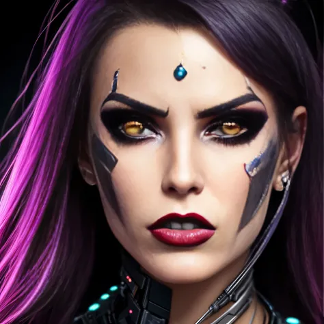 a close-up of a woman with a very strange face and strange hair, horror cyberpunk style, angry cyberpunk beautiful goddess, cyborg woman, hyper-realistic cyberpunk style, cyborg girl, cyberpunk style，hyper-realistic, intricate cyberpunk makeup - up, cyborg...