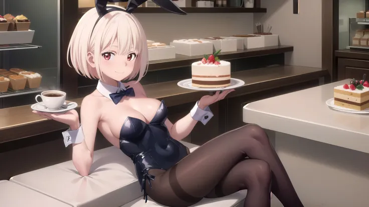 masterpiece, best quality, solo, 1girl, chisato nishikigi, looking at viewer, light smile, closed mouth, blush, embarrassed, medium breasts, playboy bunny, rabbit ears, black pantyhose, red bowtie, wrist cuffs, black leotard, holding tray, cake, cafe, coff...