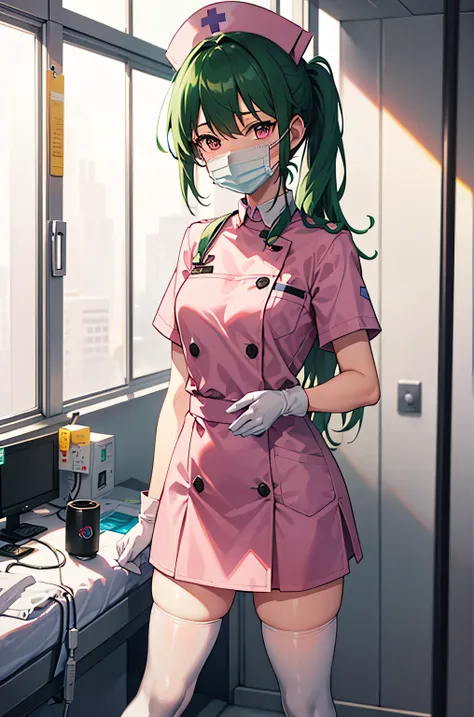 1 girl, alone, nurse, nurse cap, whiteware, ((white legwear, zettai ryouiki)), white gloves, ponytail, green hair, pink eyes, ((...