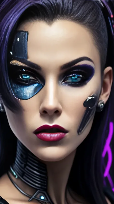 a close-up of a woman with a very strange face and strange hair, horror cyberpunk style, angry cyberpunk beautiful goddess, cyborg woman, hyper-realistic cyberpunk style, cyborg girl, cyberpunk style，hyper-realistic, intricate cyberpunk makeup - up, cyborg...