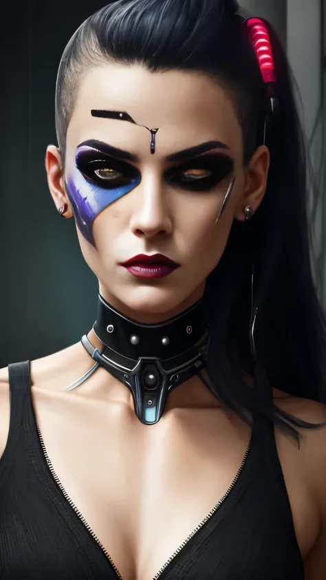 a close-up of a woman with a very strange face and strange hair, horror cyberpunk style, angry cyberpunk beautiful goddess, cyborg woman, hyper-realistic cyberpunk style, cyborg girl, cyberpunk style，hyper-realistic, intricate cyberpunk makeup - up, cyborg...