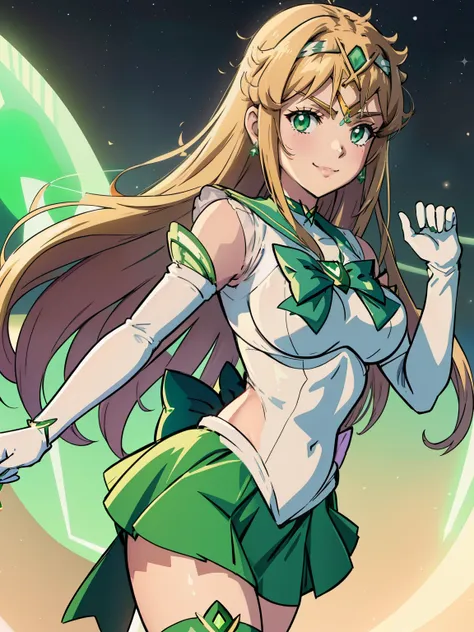 mythra \(xenoblade\) ,sailor senshi uniform, green skirt, elbow gloves, tiara, green sailor collar, red bow, green choker, white...