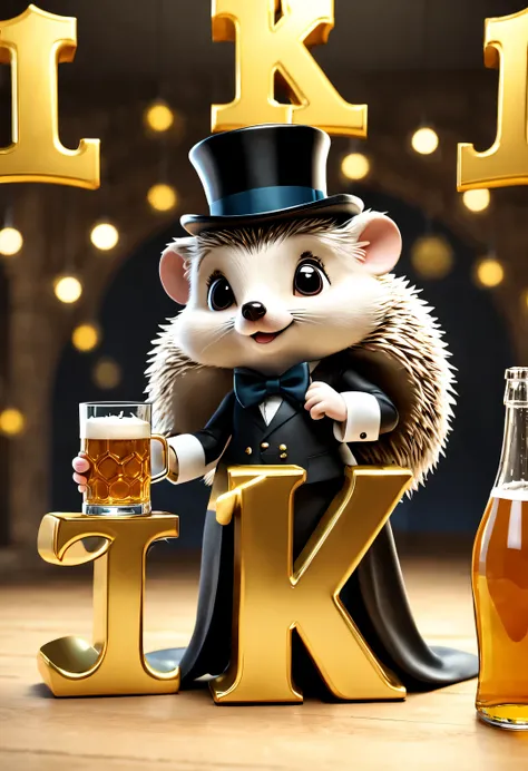 (kawaii cartoon hedgehog wearing top hat，wear evening dresses，holding an oversized beer mug in hand), (bow to the camera), (ther...