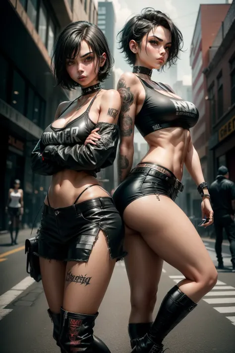 Sexy girl, gangster girl, perfect body, medium breast, short black hair, metalhead, streetwear clothes, crossing arms, fight pose