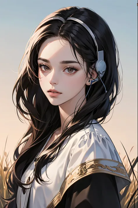 (absurdres, highres, ultra detailed, realistic, ), 1 18year-old，girl, solo, elegance， long black hair,  brown eyes, （headphone），sky grass background, ultra - detailed, best quality, Detailed diagram, vectorized, 8K,  Graphic design, vector lines, Full-HD，u...