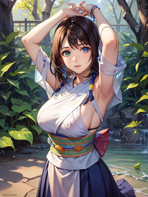 (1 girl),(high quality), (High resolution), (extremely detailed), (8K),(upper body shot),transparent outfit,(CG illustration)YunaFFX、heterochromiashort hair,YunaFFX、heterochromia、short hair、YunaOutfit、hair ornaments、Removal sleeve、hakama、band、hakamaスカート、lo...