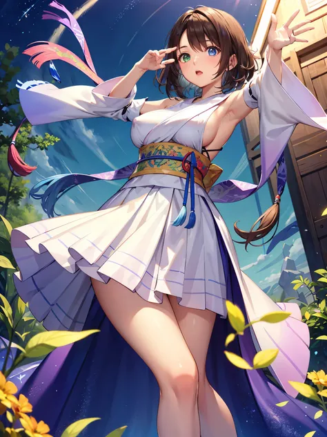 (1 girl),(high quality), (High resolution), (extremely detailed), (8K),(focus on lower body),transparent outfit,(CG illustration)YunaFFX、heterochromiashort hair,YunaFFX、heterochromia、short hair、YunaOutfit、hair ornaments、Removal sleeve、hakama、band、hakamaスカー...