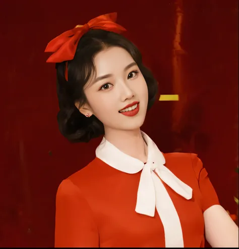 there is a woman in a red dress posing for a picture, a red bow in her hair, bowknot, sha xi, wearing a red cheongsam, lulu chen, official artwork, xintong chen, cai xukun, cheongsam, red bow in hair, li zixin, red hairband, wearing red attire, fanart, yun...