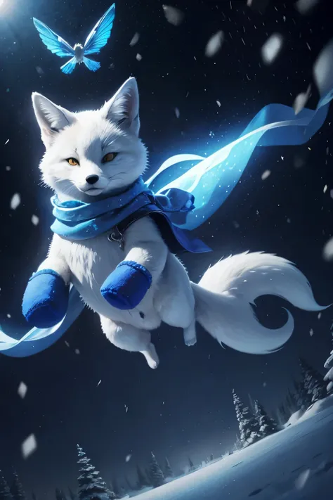 a snow fox wearing magic blue mittens that let him fly