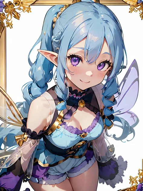 (light blue hair:1.2),(long hair with curls:1.3),(drill curl hair:1.25),(ponytail:1.3),(purple eyes:1.4),(Eye size:1.5),(Accessories with flower motifs:1.3),(One piece made of smooth material:1.3),(sheer sleeve:1.35),(White corset:1.25),(asymmetric hem ski...