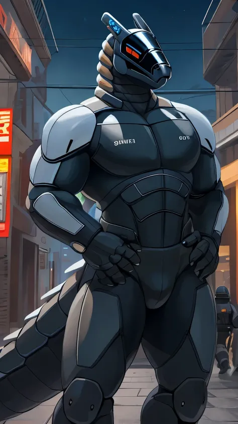 best quality, masterpiece work, high quality, synth (vader-san), lizard, security robot, guards, bodyguard, bodyguard, very muscular, male muscular, Gigachad Muscular, sexy muscular, thick thighs, Long tail, guards 의상, Pick up a gun, strike a pose, future ...