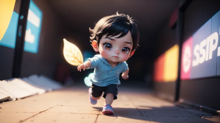 front view, A cute little boy is running front in a fairy tale world , Blind box, ip by Popmart, Styleof Disney, Style of Pixar, 3D, C4D, candy color, neon palette style, realistic, clear background,Oc rendering, soft focus, soft light, high saturation, 8K...