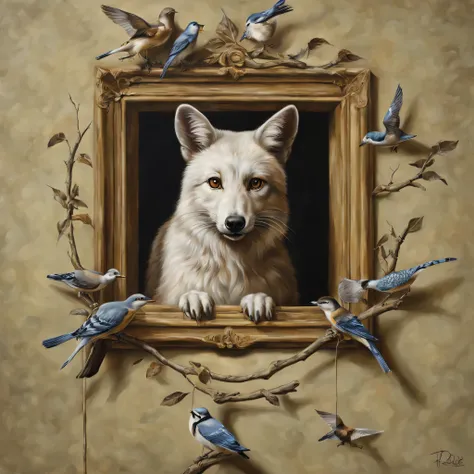 trompe loeil,Three-dimensional,3D,masterpiece,Animals that stick out from the picture,Connect part of the picture with reality,anatomically correct,Be polite,came out of the picture,trickart