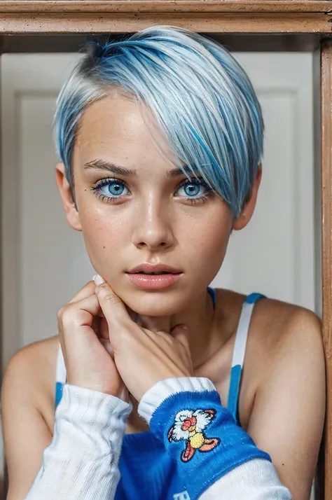 1girl, 19yo, realistic photo of white girl  sit on table , perfect figure . blue | white hair color, short pixie cut hair. face ...