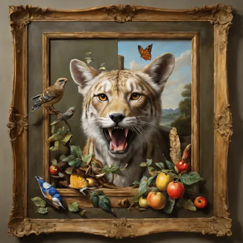 trompe loeil,Three-dimensional,3D,masterpiece,object, people々, With animals that stick out from the picture,Connect part of the picture with reality,anatomically correct,Be polite,came out of the picture,trickart