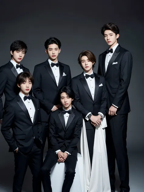 four boys in the photo, 17 y.o, Korean face, comma hair, suit, simpel background, photo shoot