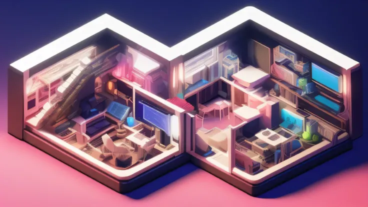 duskametrik isometric cutaway of a 1980s vaporwave poster cinematic lighting bokeh vaporwave elements  incredibly detailed duskametrik