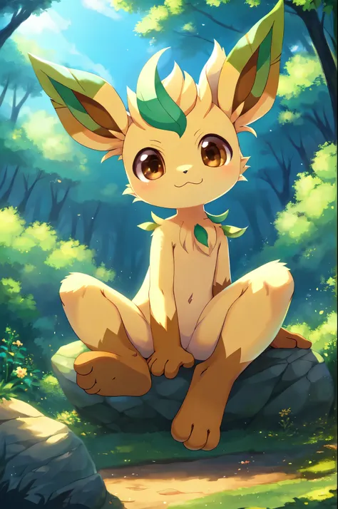 leafeon, anthro, young, brown eyes, two tone body fur, clear yellow body fur, clear green body fur, brown hands, brown feets, fe...