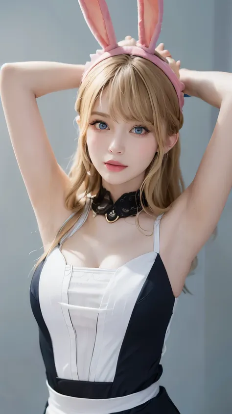 8K，highest quality，masutepiece：1.2），（Realistic，Realism：1.37），Shoot from the hip up，highest quality，masutepiece，beautiful，A pensive expression，charming、seductive appearance，Cute maid outfit，Hair tied behind the head, blonde，blond，long hair，curls，blue eyes，b...