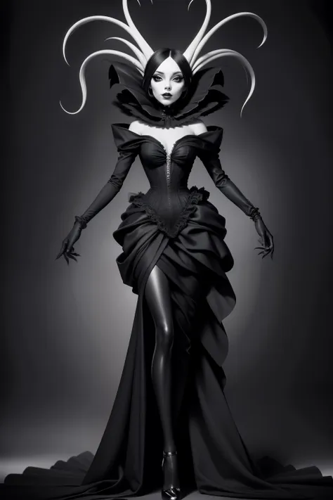 monochrome photography portrait hot sexy bodies, twisted fashion, nightmare-inspired makeup, unsettling haute couture, fashion s...