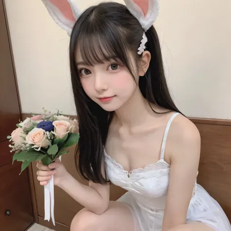 on the table, best quality, illustration, Super detailed, fine details, high resolution, 8k wallpaper, Perfect dynamic composition, Beautiful and delicate eyes,whole body摄影，show your whole body、long gray hair, Bold sexy pose,Smile,Harajuku、20 year old girl...