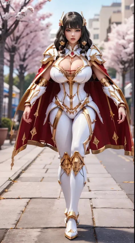 1GIRL, SOLO, (dark hair, hair gold ornament), (HUGE FAKE :1.3), (white, red, gold, FUTURISTIC MECHA BATTLE ARMOR, ROYAL CAPE, CLEAVAGE:1.5), (SKINTIGHT YOGA PANTS, HIGH HEELS:1.2), (GLAMOROUS BODY, SEXY LONG LEGS, FULL BODY:1.3), (FROM FRONT, LOOKING AT VI...