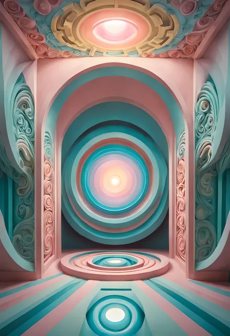 (Absurdres, Best quality, Ultra Detailed), create an esoteric artwork of an optical illusion with creative surprises and nuance elements, the lighting should enhance these features, pastel tetradtic colors
