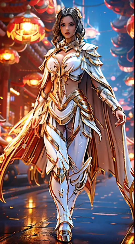 1GIRL, SOLO, (dark hair, hair gold ornament), (HUGE FAKE :1.3), (white, red, gold, FUTURISTIC MECHA BATTLE ARMOR, ROYAL CAPE, CLEAVAGE:1.5), (SKINTIGHT YOGA PANTS, HIGH HEELS:1.2), (GLAMOROUS BODY, SEXY LONG LEGS, FULL BODY:1.3), (FROM FRONT, LOOKING AT VI...