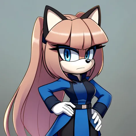 Female, Mobian, Fox, pinkish beige fur, tan muzzle, VERY long hair, blue eyes, blue makeup, serious expression, one hand on hip, hair bangs, dark blue soldier like uniform