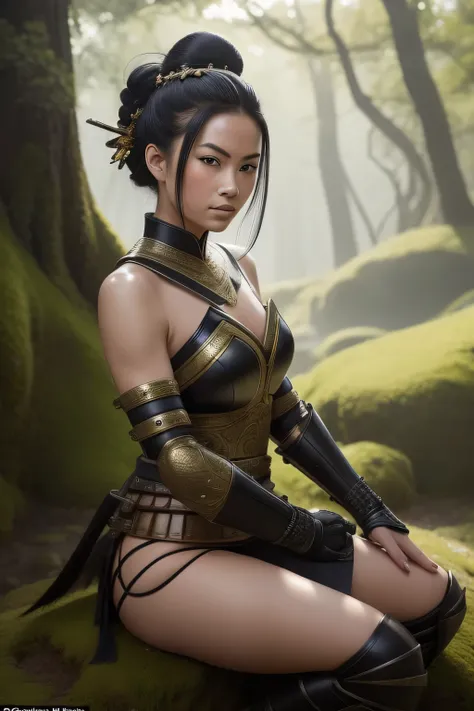 A captivating depiction of a samurai girl, clad in traditional armor with a serene expression. Her jet-black hair, tied high in an intricate updo, frames a delicate, oval face with a defined jawline and almond-shaped eyes that gleam with determination. Her...