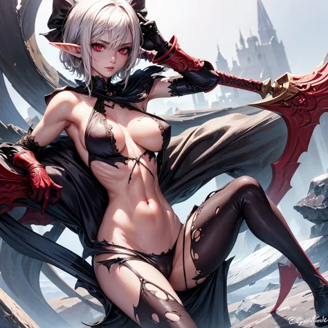 best quality, slim and sexy elf, torn clothes,  and pussy showing, short white hair, red eyes, high quality skin, high quality body, detailed eyelids, detailed legs, detailed face, detailed hand, with a sword