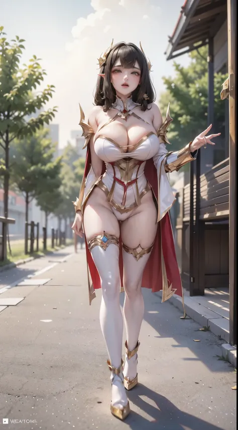 1GIRL, SOLO, (dark hair, hair gold ornament), (HUGE FAKE :1.3), (white, red, gold, FUTURISTIC MECHA BATTLE ARMOR, ROYAL CAPE, CLEAVAGE:1.5), (SKINTIGHT YOGA PANTS, HIGH HEELS:1.2), (GLAMOROUS BODY, SEXY LONG LEGS, FULL BODY:1.3), (FROM FRONT, LOOKING AT VI...