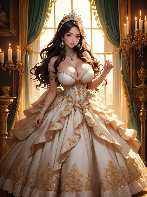 (anime artstyle),Masterpiece,Best Quality,Super Detail,Very Delicate and Beautiful,(((Solo))),((full body)),(((one mature princess in beautiful embroidery and jeweled gorgeous rococo ball gown with voluminous hoop skirt))),((crinoline)),Long train,(((breas...