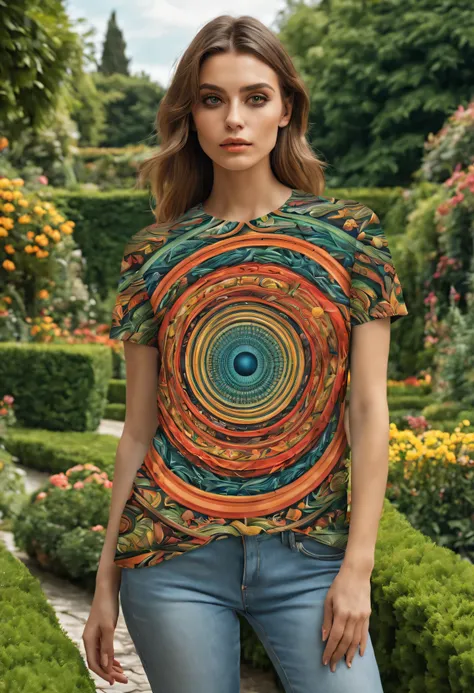 Optical illusion art pattern on fashion t-shirt mockup，garden background，(Super detailed,lifelike:1.37),(high resolution,4K),