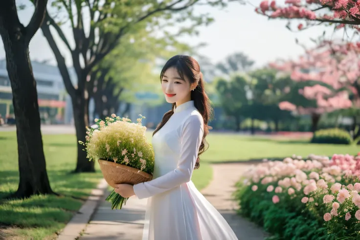 aodai, smile, photographed on a Nikon Z7 II Mirrorless Camera,120mm F/4 wide-angle
a woman in a pink dress with flowers in it and a (basket of flowers), Ding Yunpeng, phuoc quan, a stock photo, art photography
a woman in a white dress holding a bouquet of...