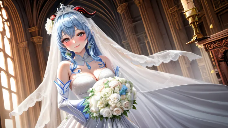 (highest quality,4K,8K,High resolution,masterpiece),1 person,super detailed,, straight, smiling,face focus, (,character_concentrated),beautiful girl,enchantment,fascinating,cheerfulness,Sacred,magic effect,light blue hair,Horn,(((wedding gown))),love eye r...