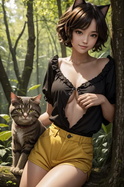 8K,黒とのワンピース着て写真を撮るsmall breasts cat girl, small breasts cat girl, Attractive bright brown hair and short permed hair, fantasy art, little cat girl, Wojtek Füss, black one piece, Chiquita, trending on cgstation,in the forest,laughter,Light brown permed shor...