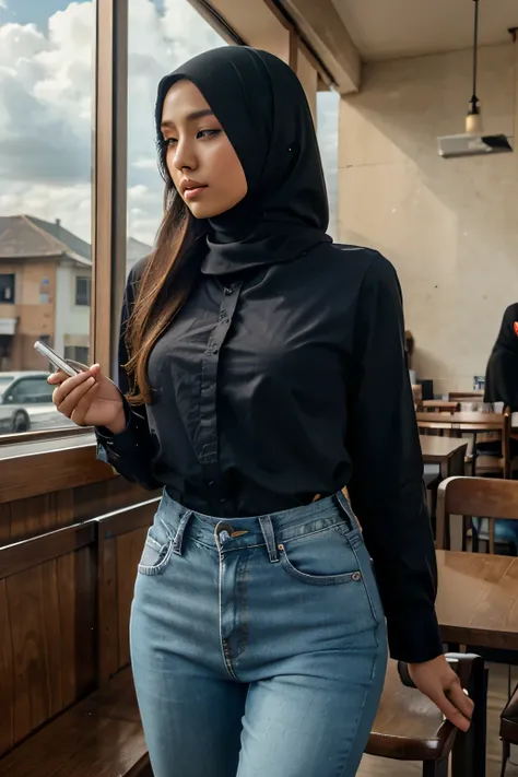 Hijab Woman, look at viewer, long hair, shirt, jeans, cloud, day, sky,indoors,coffee house